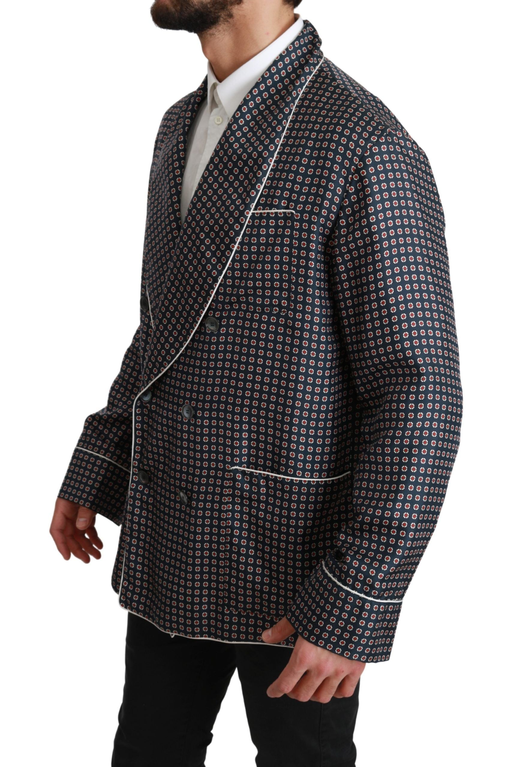 Dolce & Gabbana Navy Blue Patterned Double Breasted Coat Men's Jacket