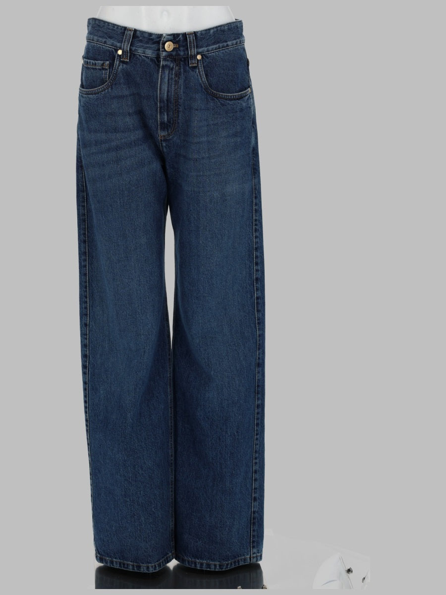 Brunello Cucinelli Women Pantalone "Contemporary Loose" In Denim Authentic Con Monile