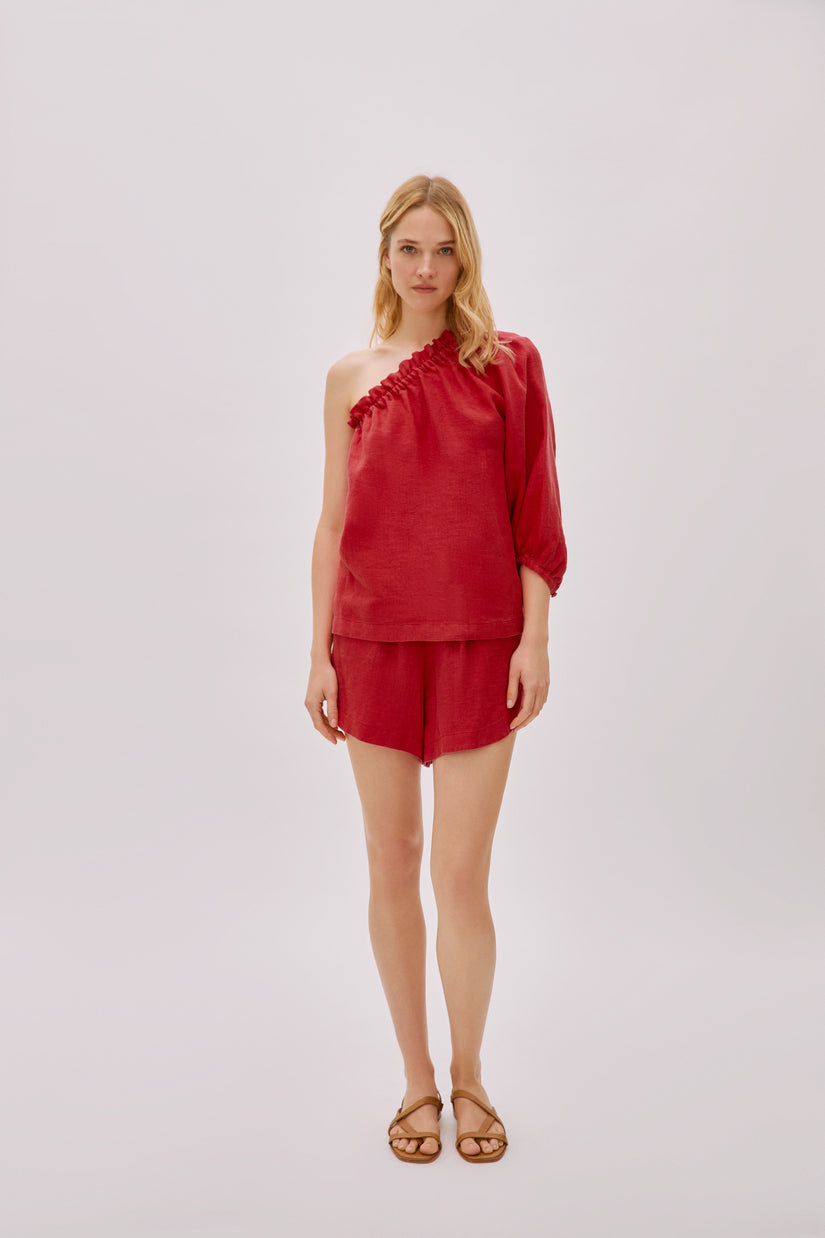 Capri Ecru Linen One Sleeve Top Regular 12 (L) Red
