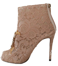 Dolce & Gabbana Pink Crystal Lace Booties Stilettos Women's Shoes