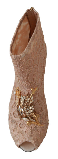 Dolce & Gabbana Pink Crystal Lace Booties Stilettos Women's Shoes