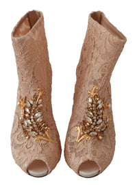 Dolce & Gabbana Pink Crystal Lace Booties Stilettos Women's Shoes
