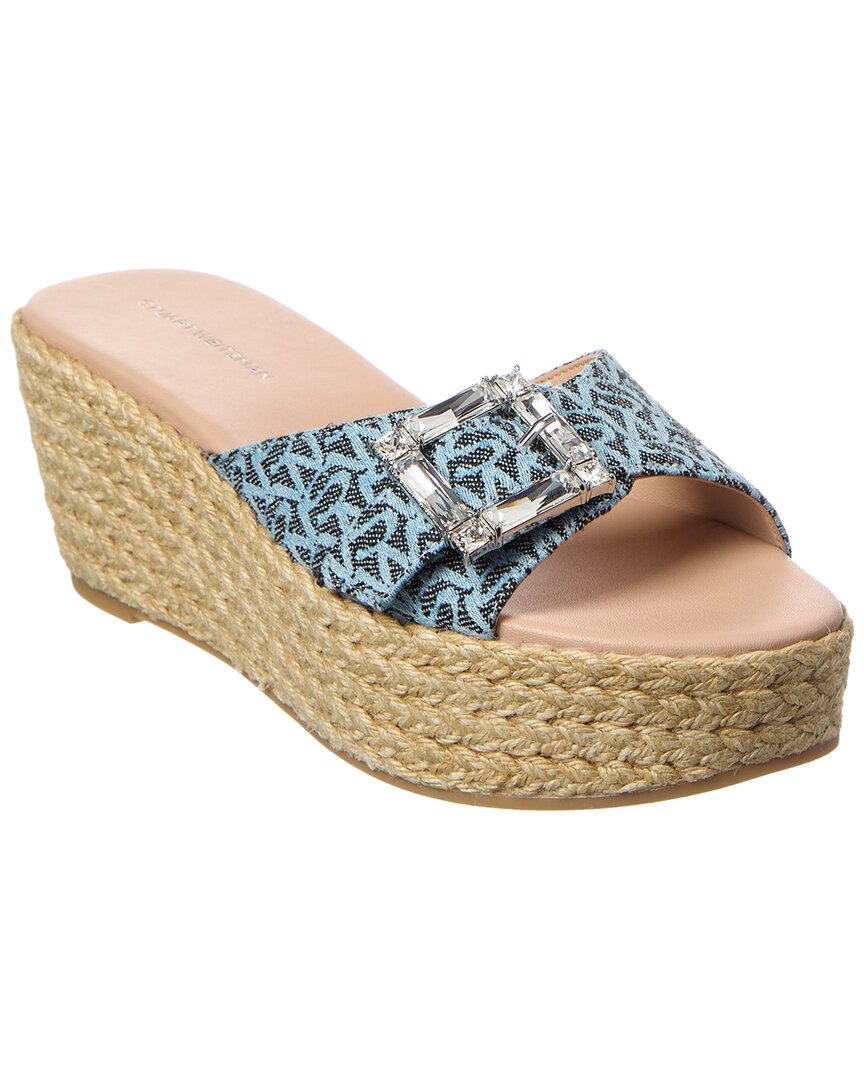 Stuart Weitzman June 75 Leather & Canvas Wedge Slide Blue
