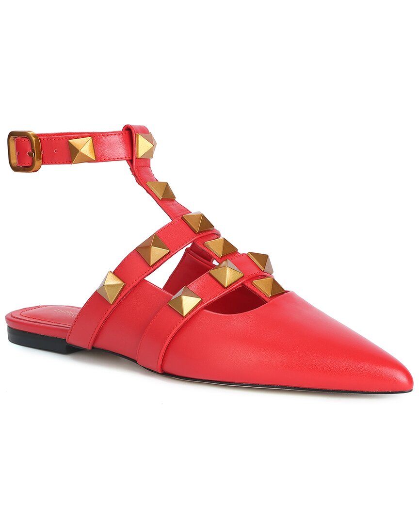 Tiffany & Fred Paris Studded Leather Pointy-Toe Ankle Strap Flat Red