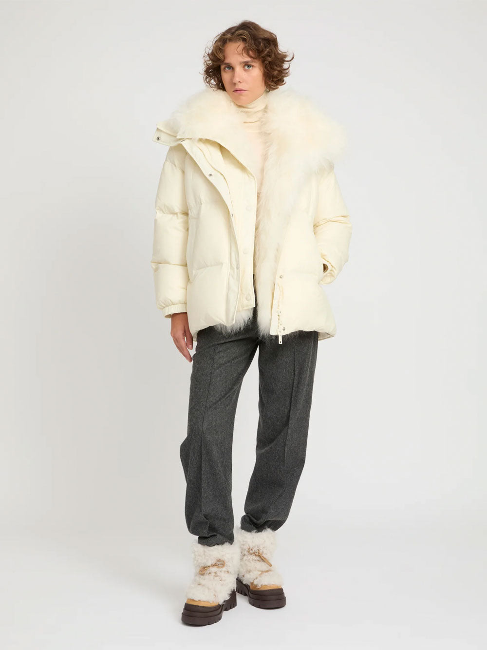 YVES SALOMON Ys Army Collection: Mid-Length Down Jacket With Removable Bib And Lambswool Trim Women