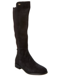 Elegant Stuart Weitzman Keelan tall boot in black suede and stretch knit, featuring a sleek, classic silhouette and slip-on design.