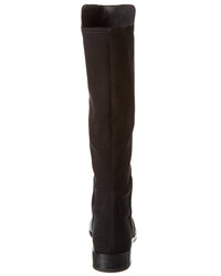 Elegant Stuart Weitzman Keelan tall boot in black suede with stretch knit, featuring a sleek, classic silhouette.