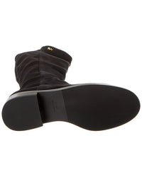 Elegant Stuart Weitzman Keelan tall boot in black suede and stretch knit, featuring a classic silhouette and slip-on style.