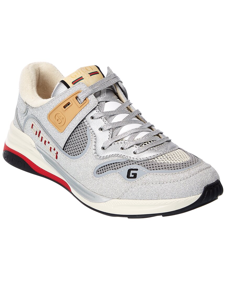 Gucci Ultrapace Glitter Leather & Mesh Sneaker Silver 6.5