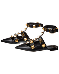 Pre-Owned Valentino Roman Stud Leather Ankle Strap Flat (Authentic Pre-Loved)