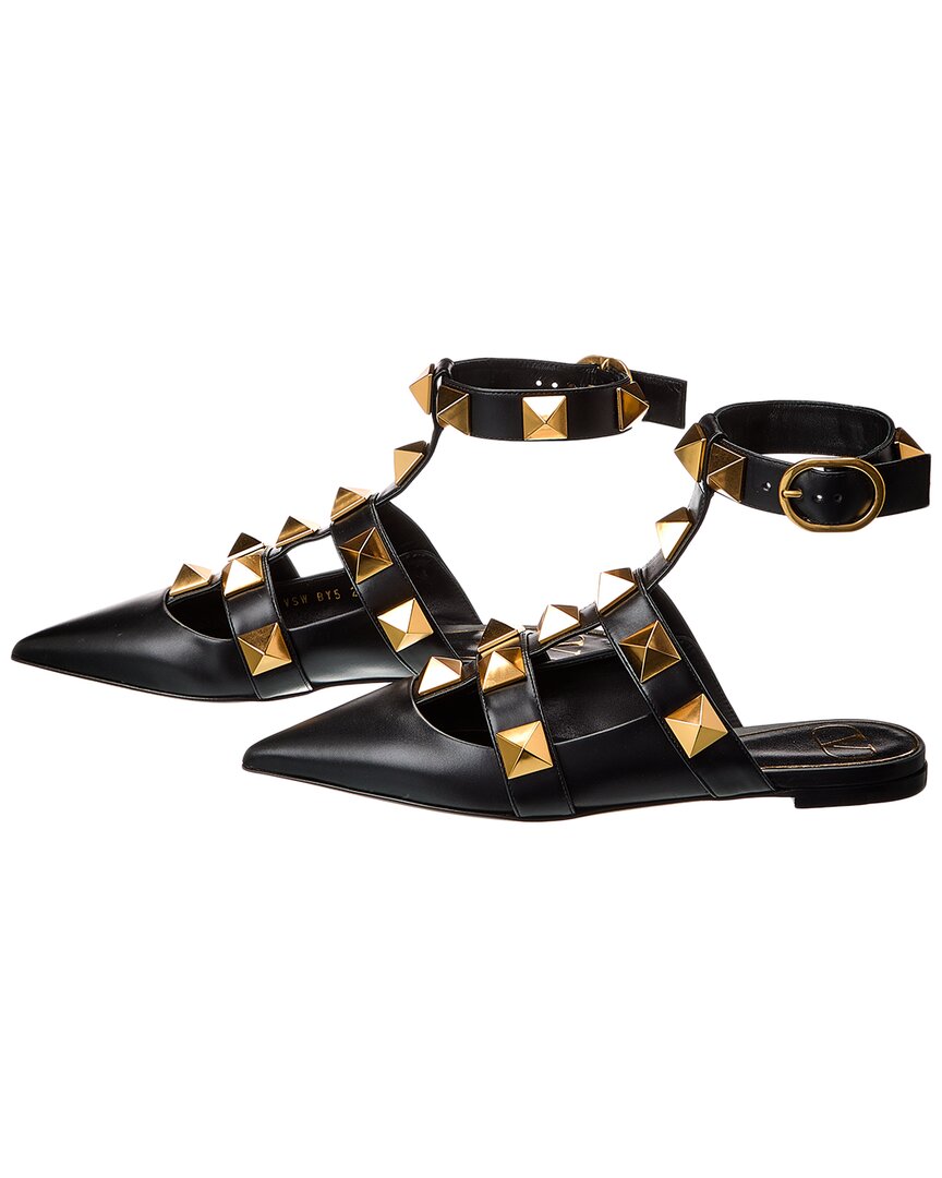Pre-Owned Valentino Roman Stud Leather Ankle Strap Flat (Authentic Pre-Loved)