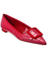 Manolo Blahnik Maysale Embossed Leather Flat Red