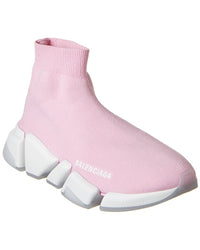 Vibrant pink Balenciaga Speed 2.0 sock sneaker with a sleek knit design, modern shape, and chunky rubber sole for traction.