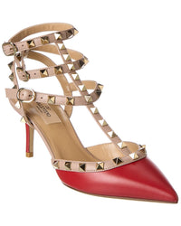 Valentino Rockstud Caged 65 Leather Ankle Strap Pump Red