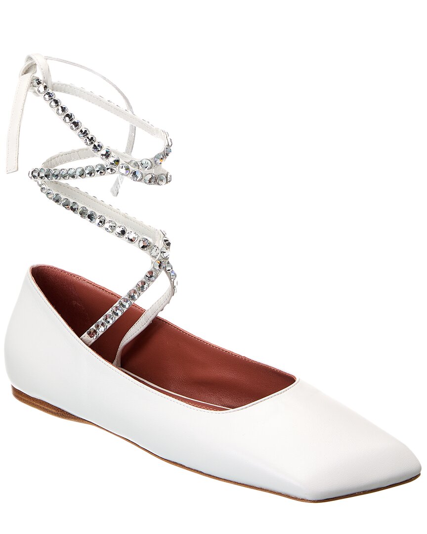 Amina Muaddi Ane Lace-Up Leather Flat White