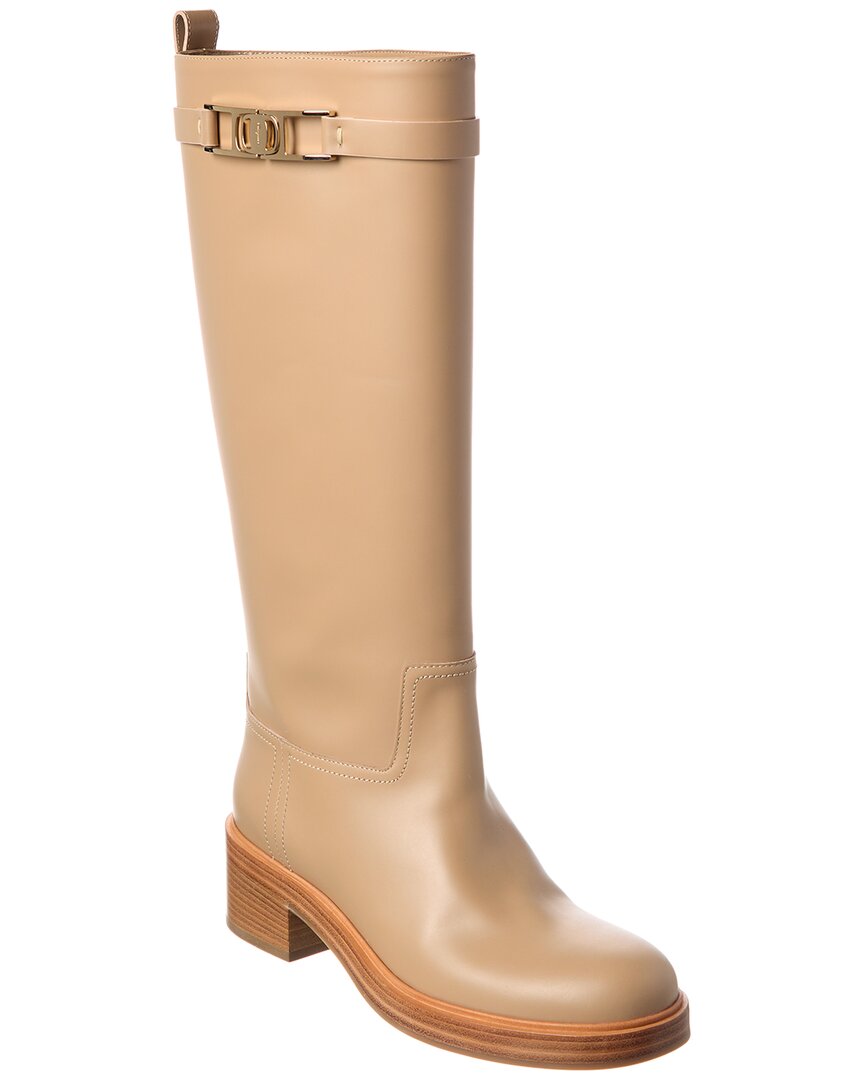 Ferragamo Vara Chain Leather Knee-High Boot Brown Multi