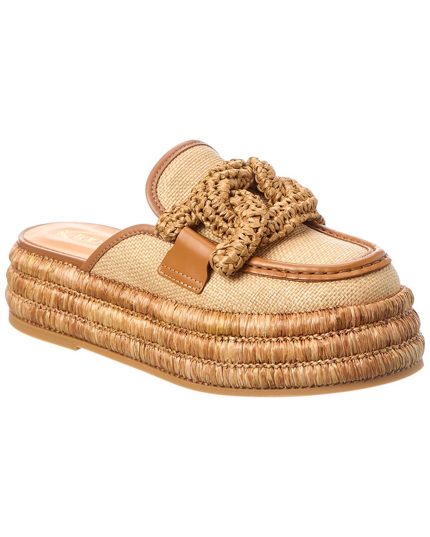 Tods Chain Link Detail Raffia & Leather Platform Mule