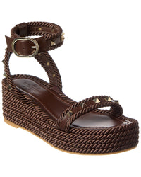 Valentino Rockstud 45 Rope & Leather Wedge Sandal Brown Multi