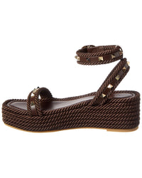 Valentino Rockstud 45 Rope & Leather Wedge Sandal