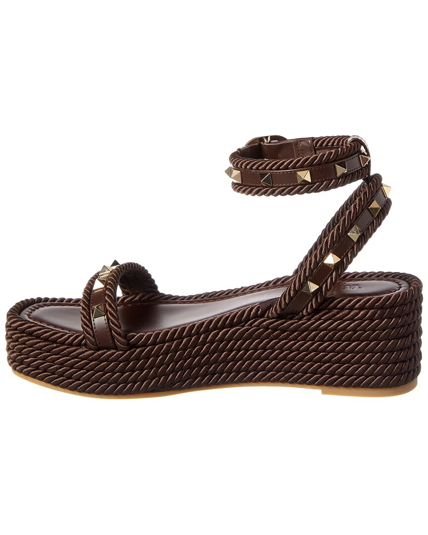 Valentino Rockstud 45 Rope & Leather Wedge Sandal