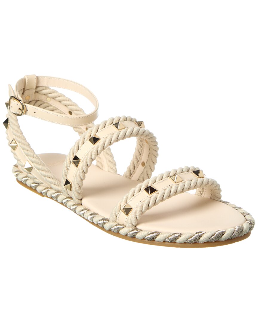 Valentino Rockstud Rope & Leather Sandal White