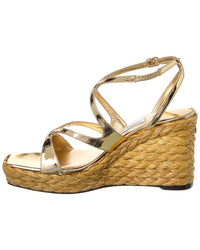 Jimmy Choo Ayla 85 Leather Wedge Sandal, 38.5, Gold