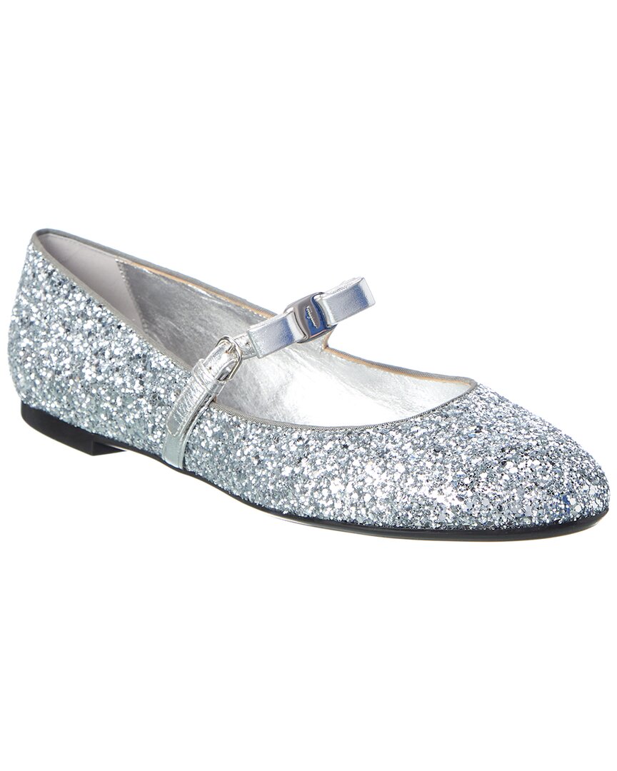 Ferragamo Lizz Glitter & Leather Ballet Flat 5.5 Silver