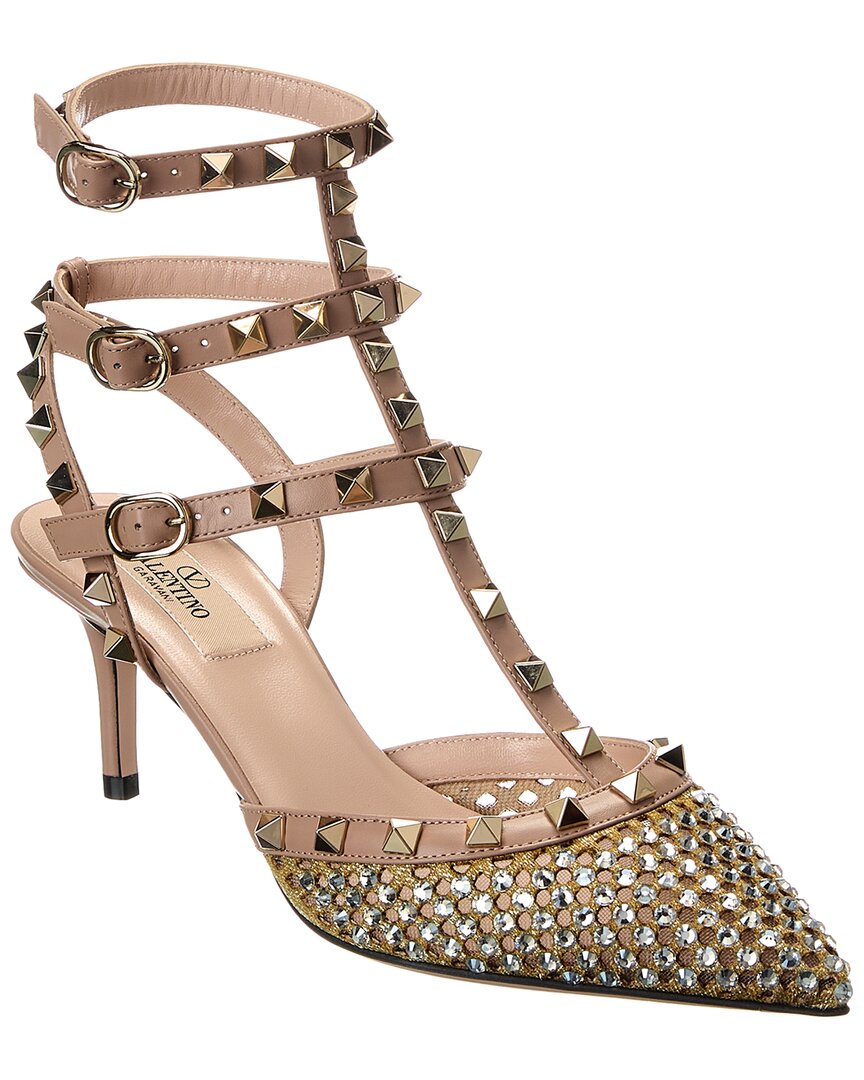 Valentino Rockstud Caged 65 Mesh & Leather Ankle Strap Pump Pink 37
