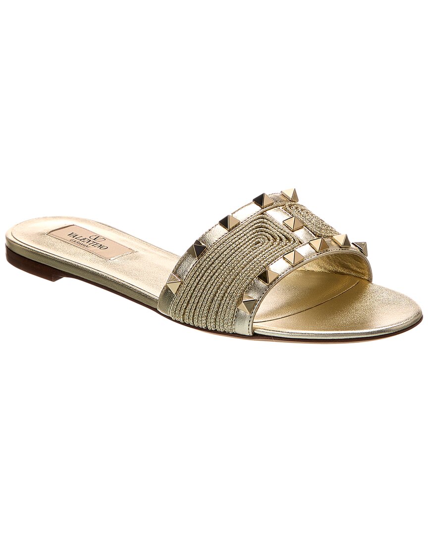 Valentino Rockstud Woven & Leather Sandal 37 Gold