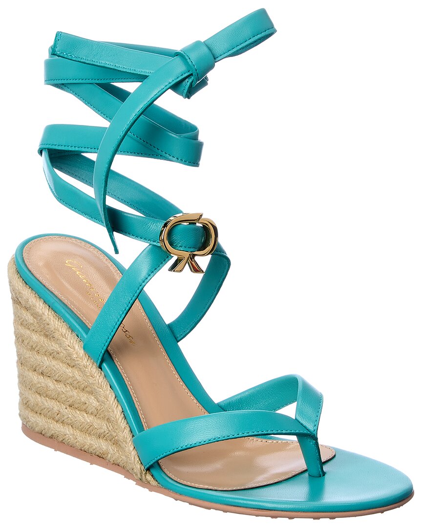 Gianvito Rossi Ribbon Beachclub 85 Leather Wedge Sandal Blue