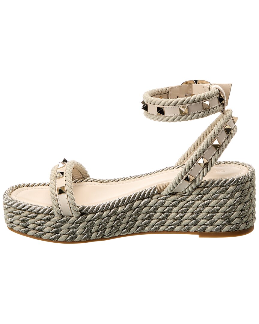 Valentino Rockstud 45 Rope & Leather Wedge Sandal