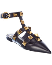 Valentino Roman Stud Leather Ankle Strap Flat Black
