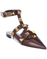 Valentino Roman Stud Leather Ankle Strap Flat 36 Brown Multi