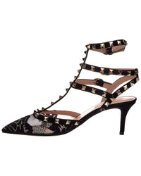 Valentino Rockstud 65 Caged Suede & Lace Ankle Strap Pump