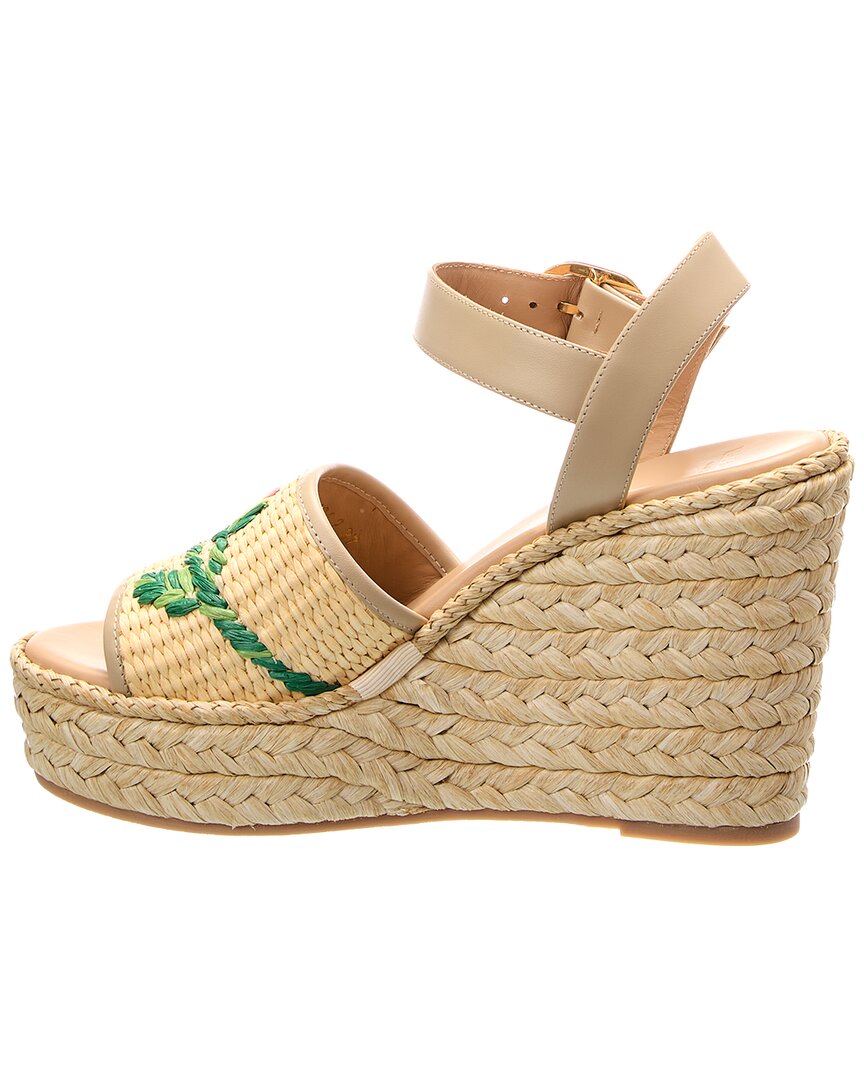 Valentino Bribri 115 Raffia & Leather Wedge Sandal