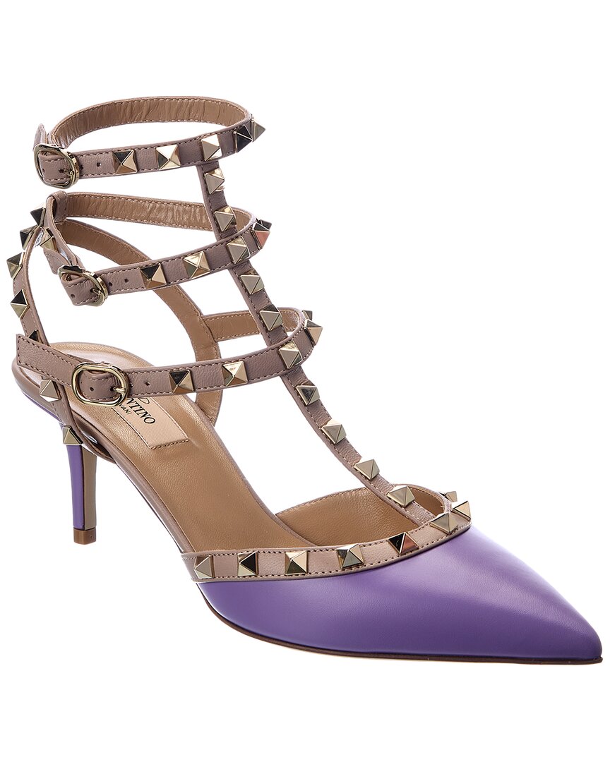 Valentino Rockstud Caged 65 Leather Ankle Strap Pump Purple 36