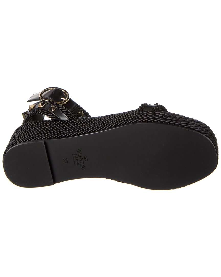 Valentino Rockstud 45 Rope & Leather Wedge Sandal