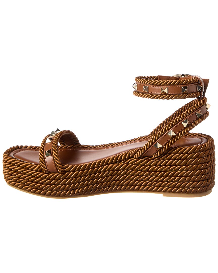Valentino Rockstud 45 Rope & Leather Wedge Sandal