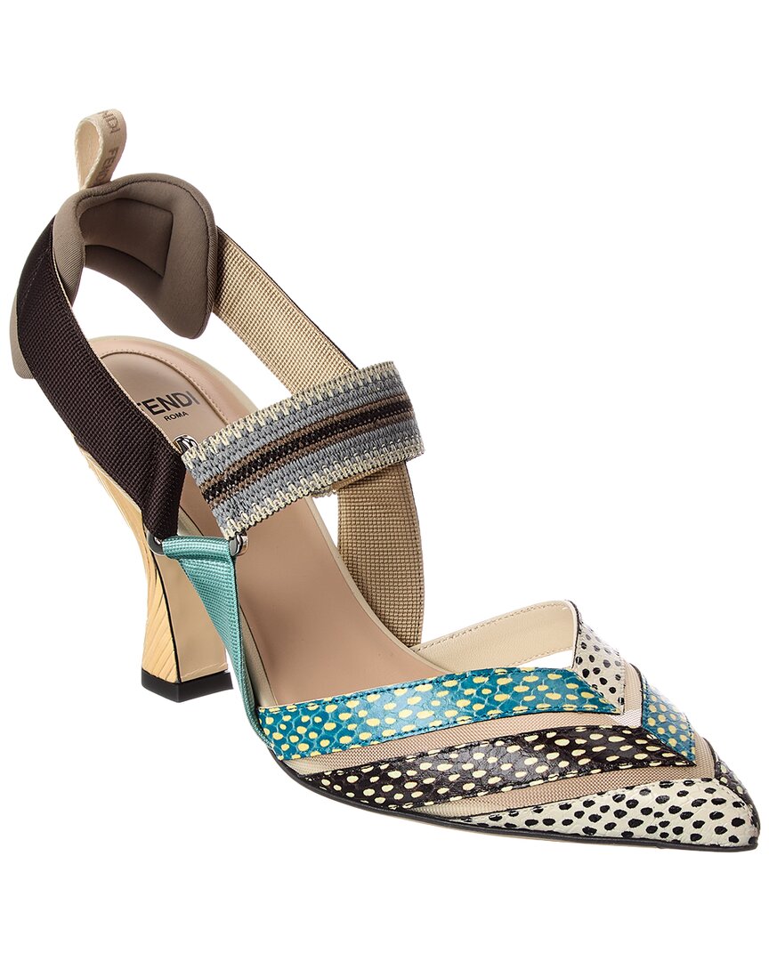 Fendi Colibri Snake-Embossed Leather & Mesh Slingback Pump