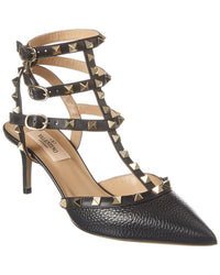 Valentino Rockstud Caged 65 Grainy Leather Ankle Strap Pump Black