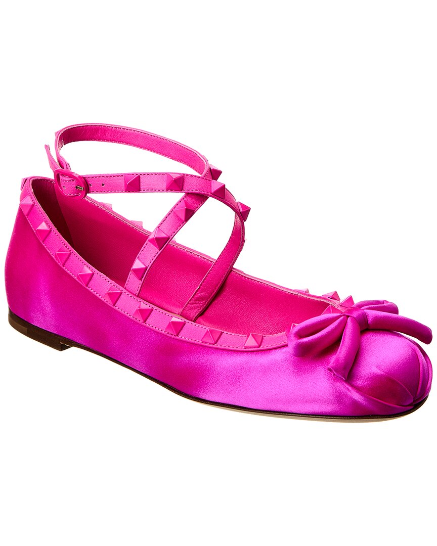 Valentino Rockstud Satin & Leather Flat Pink