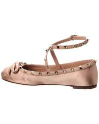 Valentino Rockstud Satin & Leather Ankle Strap Ballerina Flat