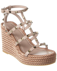 Valentino Valentino Rockstud Caged 95 Rope & Leather Wedge Sandal