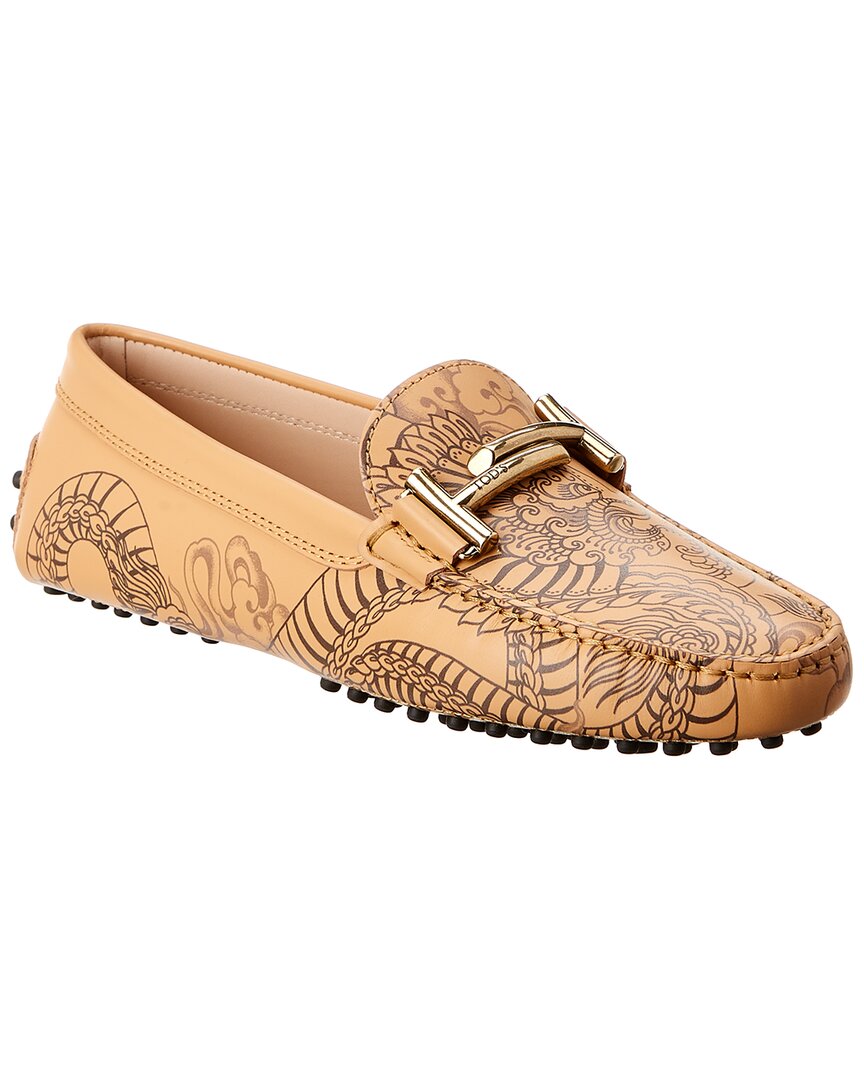 Tod's Tattoo Dragon Printed Leather Loafer Beige
