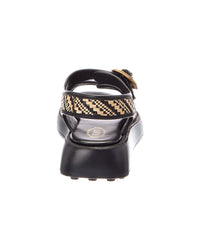 TOD's Tod's Double Buckle Raffia & Leather Flat Sandal