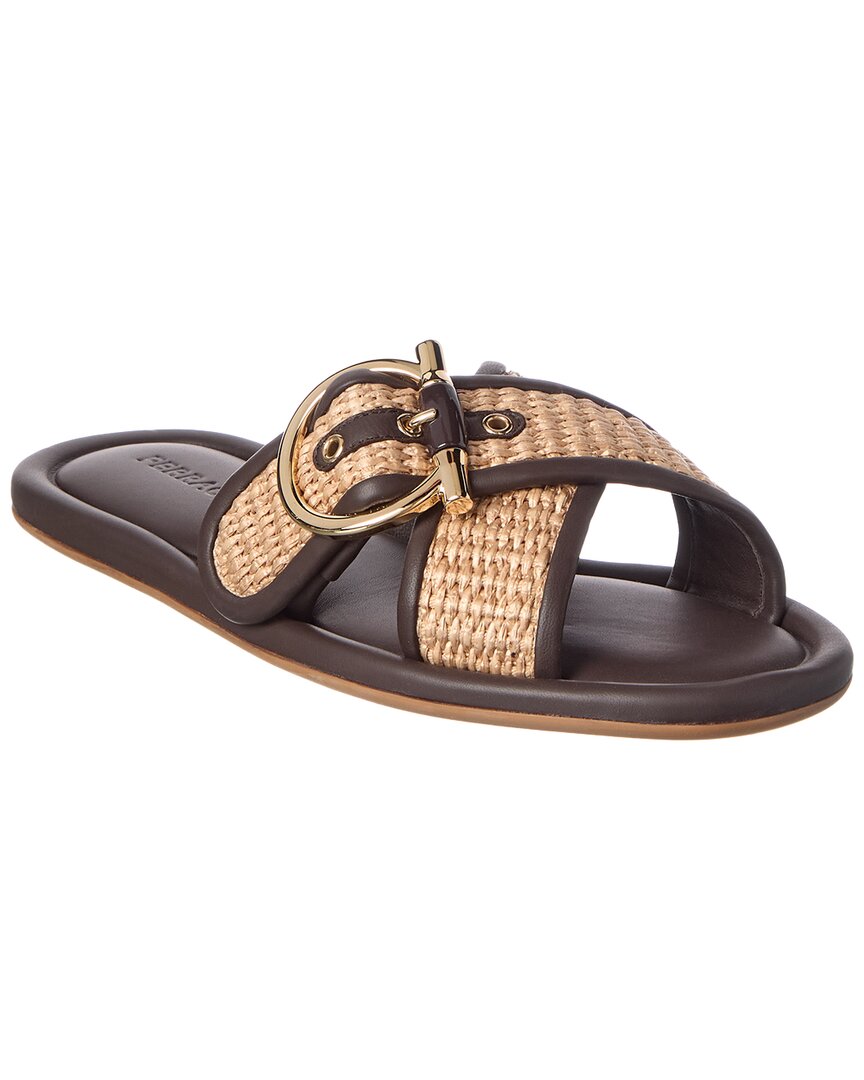 Ferragamo Ferragamo Double Strap Gancini Raffia & Leather Sandal
