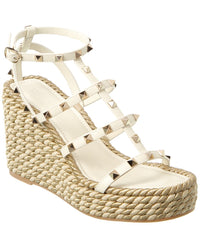 Valentino Valentino Rockstud Caged 95 Rope & Leather Wedge Sandal
