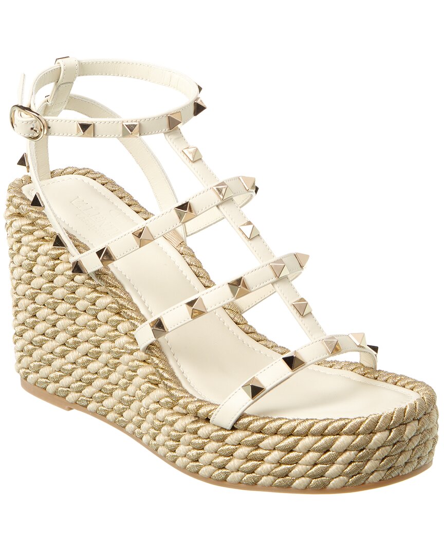 Valentino Valentino Rockstud Caged 95 Rope & Leather Wedge Sandal