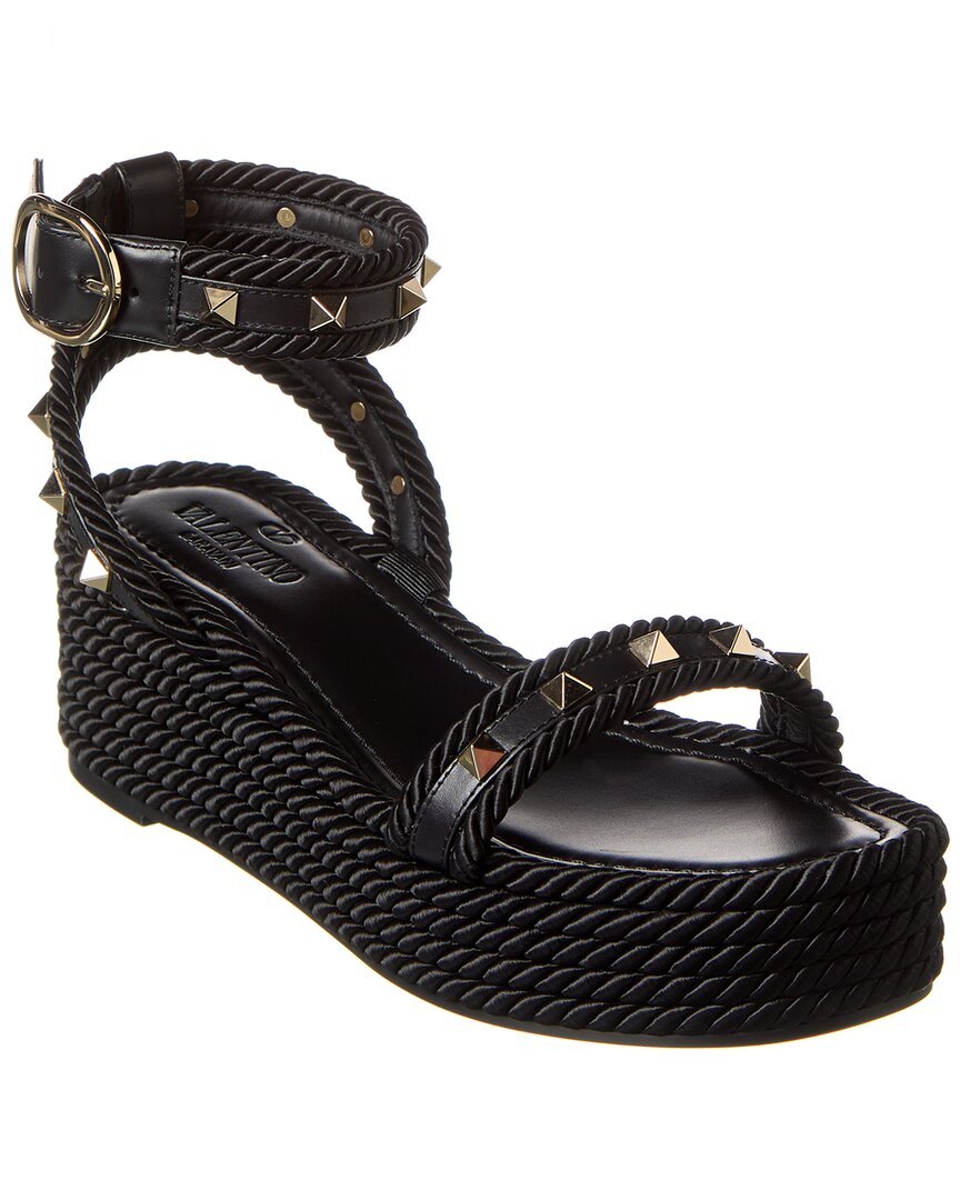 Valentino Valentino Rockstud 45 Rope & Leather Wedge Sandal