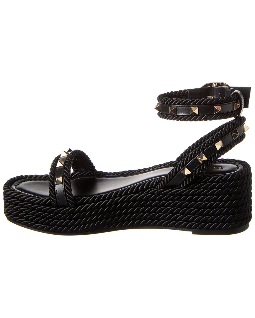 Valentino Valentino Rockstud 45 Rope & Leather Wedge Sandal
